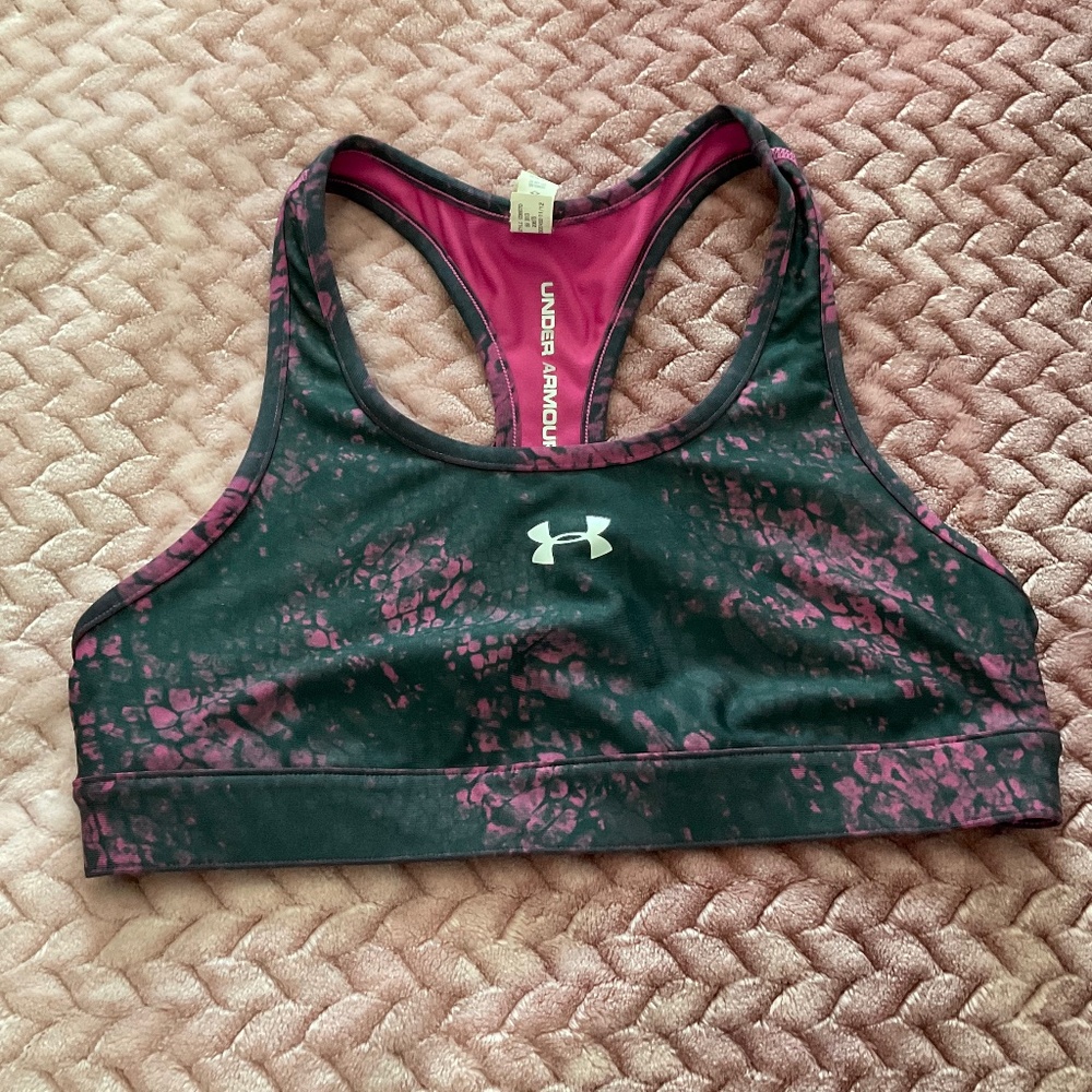 Under Armour Black and Pink Printed Sports Bra - Size Medium
